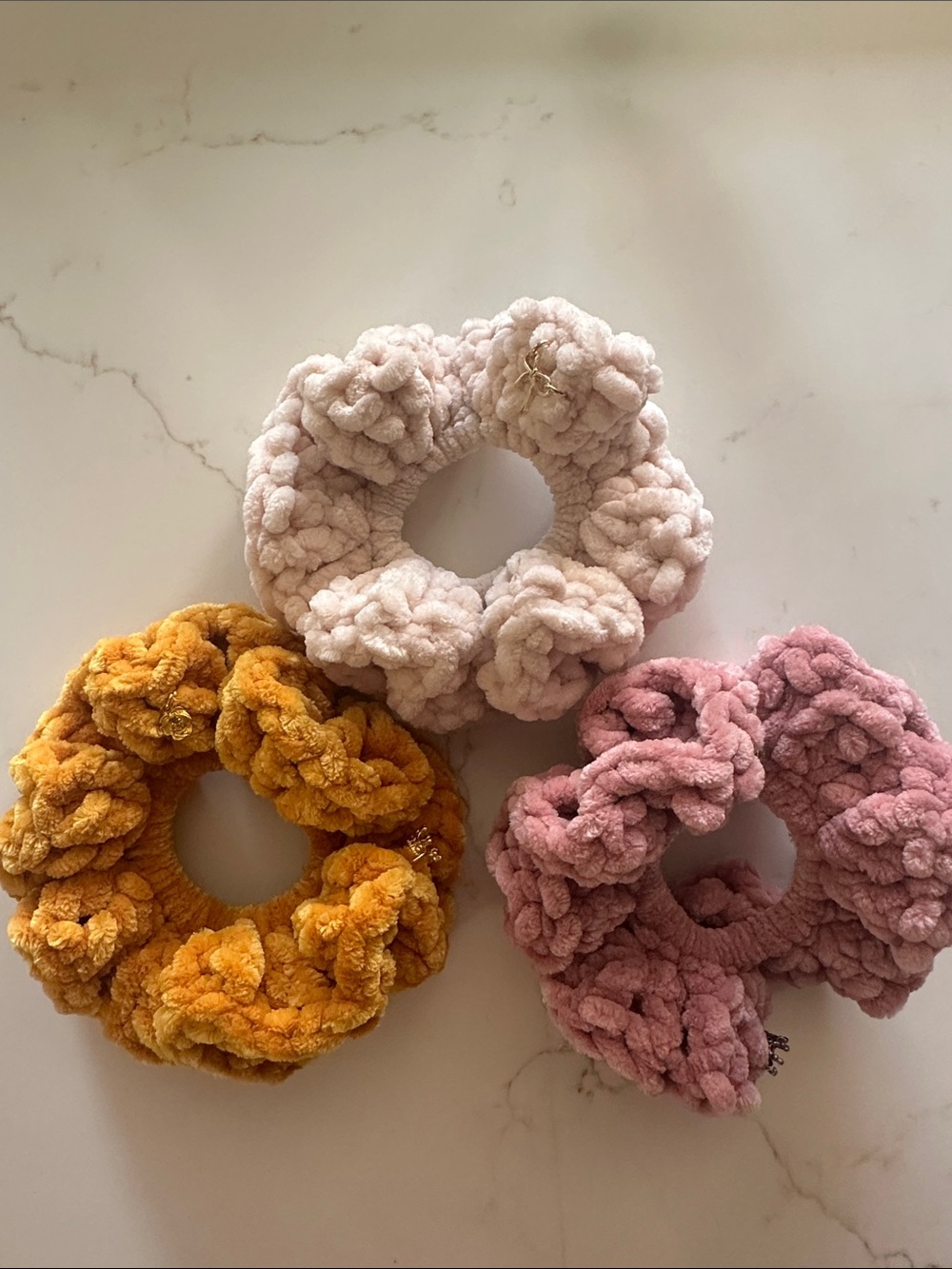 Handmade Plush Velvet Scrunchie Set | Cream, Mustard & Dusty Pink | Set of 3